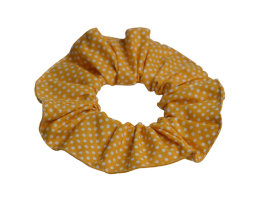 Bavlněná scrunchie gumička do vlasů tmavě žlutá s bílým puntíkem