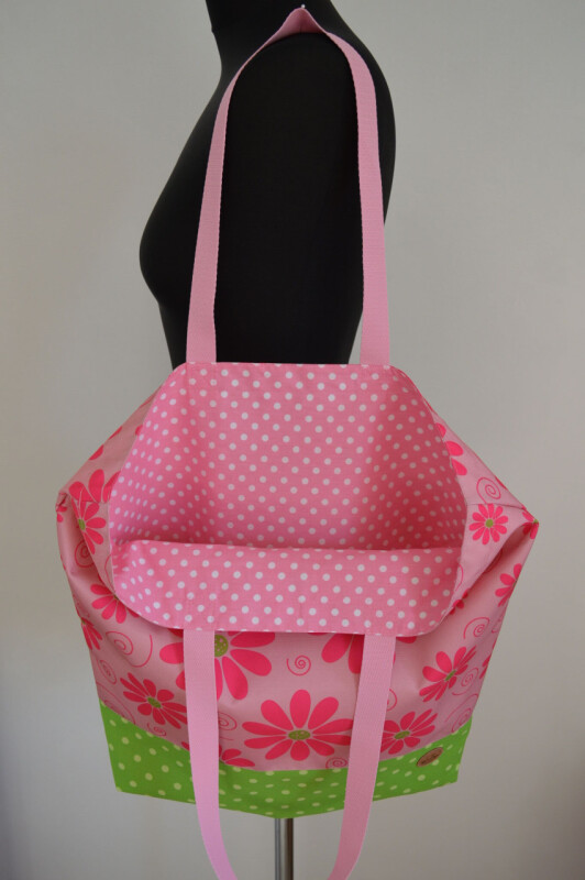 Nákupní taška přes rameno růžová, zelenkavá Květy a puntík